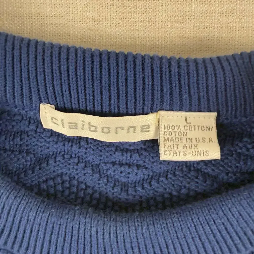 Vintage Claiborne Blue Textured Patchwork Knit Cotton Sweater Made in‎ USA